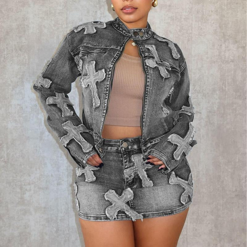 2025 Women'S Fashion Denim Two-Piece Set with Embroidered Jacket and Mini Skirt - Casual Streetwear Outfit Retro Denim 2Piece Set Women S Prettylittlething Twopieceset Clothing Comfort Leisure Set