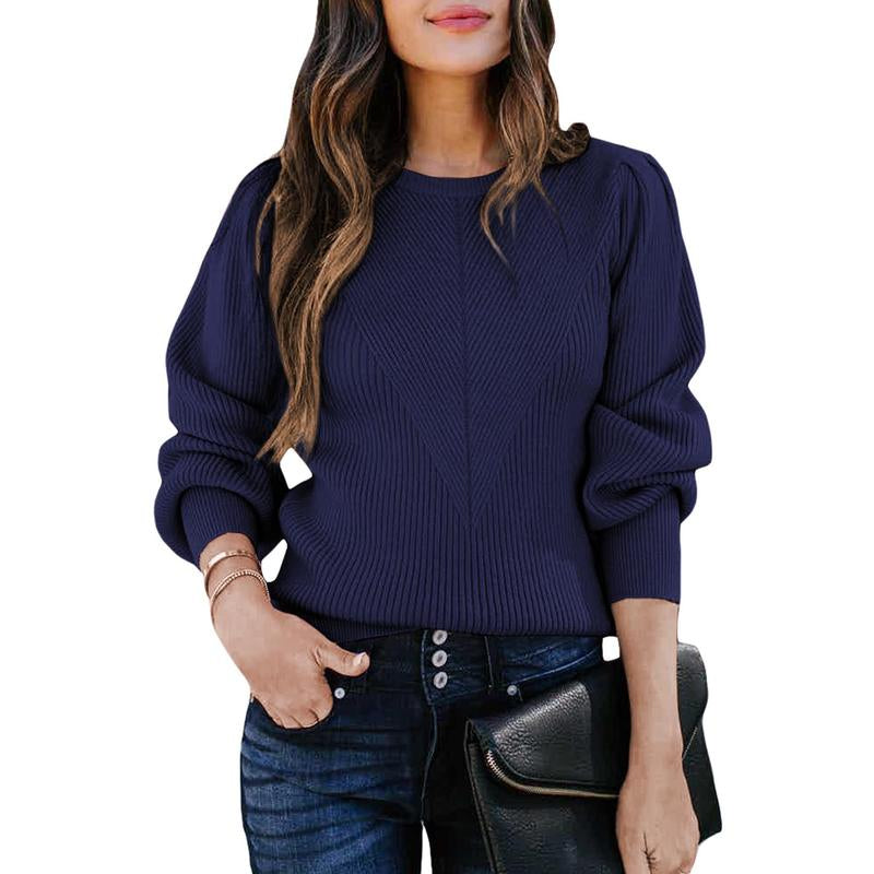 Dokotoo Women's Ribbed Knit Long Sleeve Lantern Sweater - Crewneck Casual Slim Fit Pullover Top