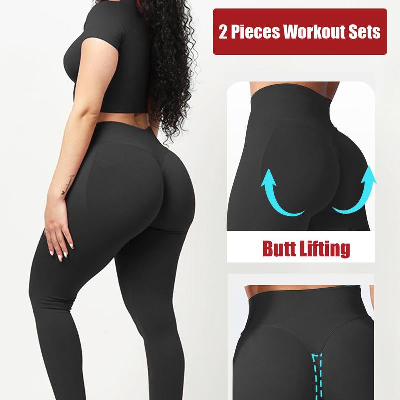 Jetjoy 2 Piece Workout Sets for Women, Long or Short Sleeve T Shirt Tank Top + Workout Shorts Butt Lifting Gym Seamless Booty Biker Shorts, Going Out Gym Sets Fitness Clothes Skinny Sportswear Compression Activewear Gymwear Fitness Clothes Mesh Athleisure