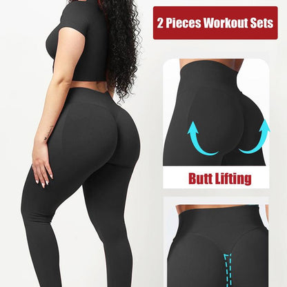 Jetjoy 2 Piece Workout Sets for Women, Long or Short Sleeve T Shirt Tank Top + Workout Shorts Butt Lifting Gym Seamless Booty Biker Shorts, Going Out Gym Sets Fitness Clothes Skinny Sportswear Compression Activewear Gymwear Fitness Clothes Mesh Athleisure