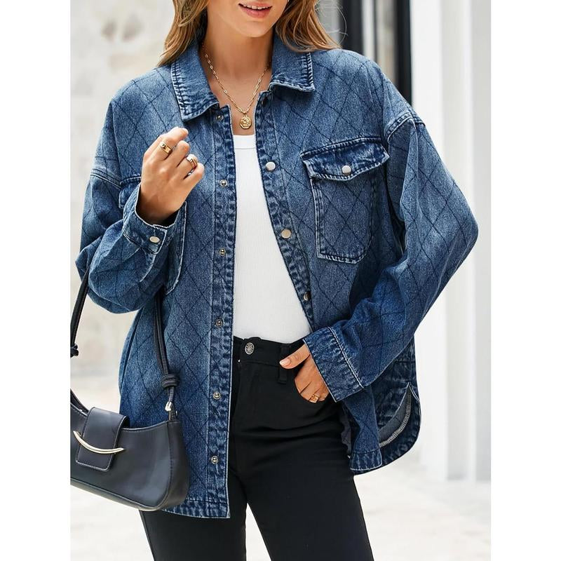 FMEYOA Women's Oversized Denim Jacket with Trendy Diamond Quilting and Button Down Design - Casual Lightweight Shacket