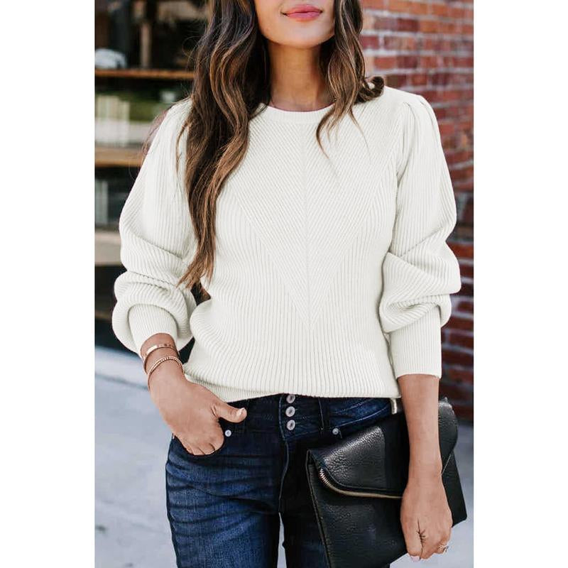 Dokotoo Women's Ribbed Knit Long Sleeve Lantern Sweater - Crewneck Casual Slim Fit Pullover Top