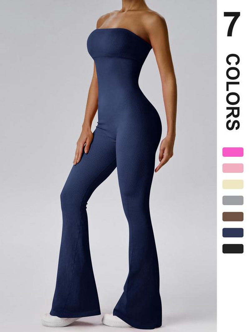 Women'S Sexy Yoga Ribbed One Piece Tube Jumpsuit Rompers Flared Trousers Tights Push-Up Sports Bodysuit Women Fitness Suit Workout Sportswear Gym