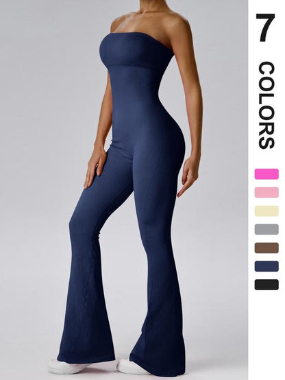 Women'S Sexy Yoga Ribbed One Piece Tube Jumpsuit Rompers Flared Trousers Tights Push-Up Sports Bodysuit Women Fitness Suit Workout Sportswear Gym