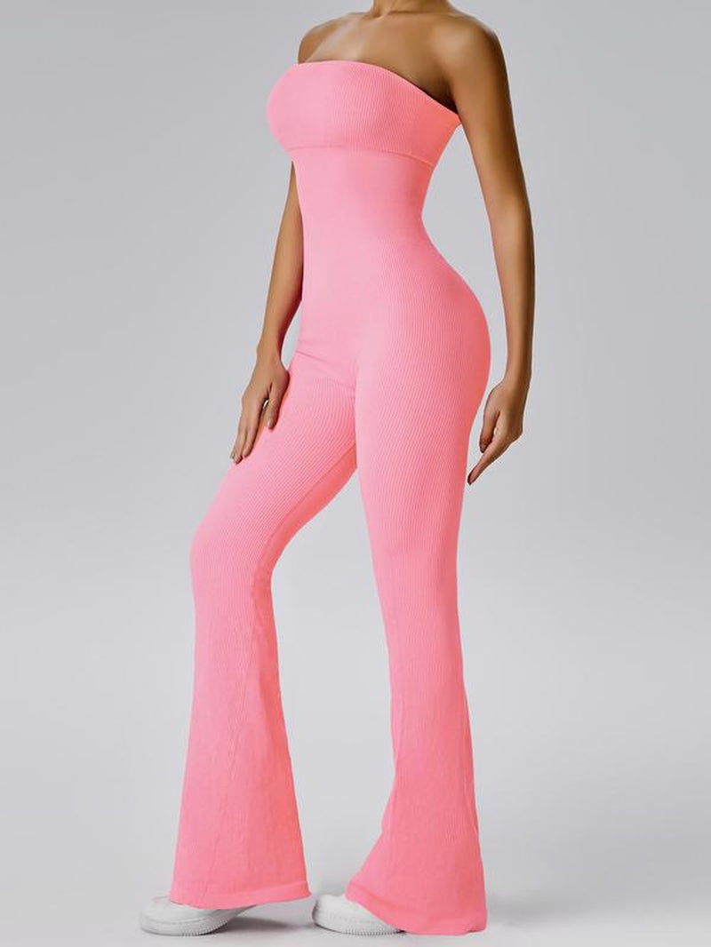Women'S Sexy Yoga Ribbed One Piece Tube Jumpsuit Rompers Flared Trousers Tights Push-Up Sports Bodysuit Women Fitness Suit Workout Sportswear Gym