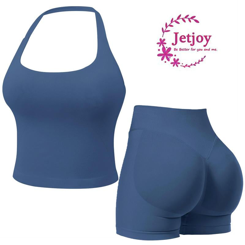 Jetjoy 2 Piece Workout Sets for Women, Long or Short Sleeve T Shirt Tank Top + Workout Shorts Butt Lifting Gym Seamless Booty Biker Shorts, Going Out Gym Sets Fitness Clothes Skinny Sportswear Compression Activewear Gymwear Fitness Clothes Mesh Athleisure