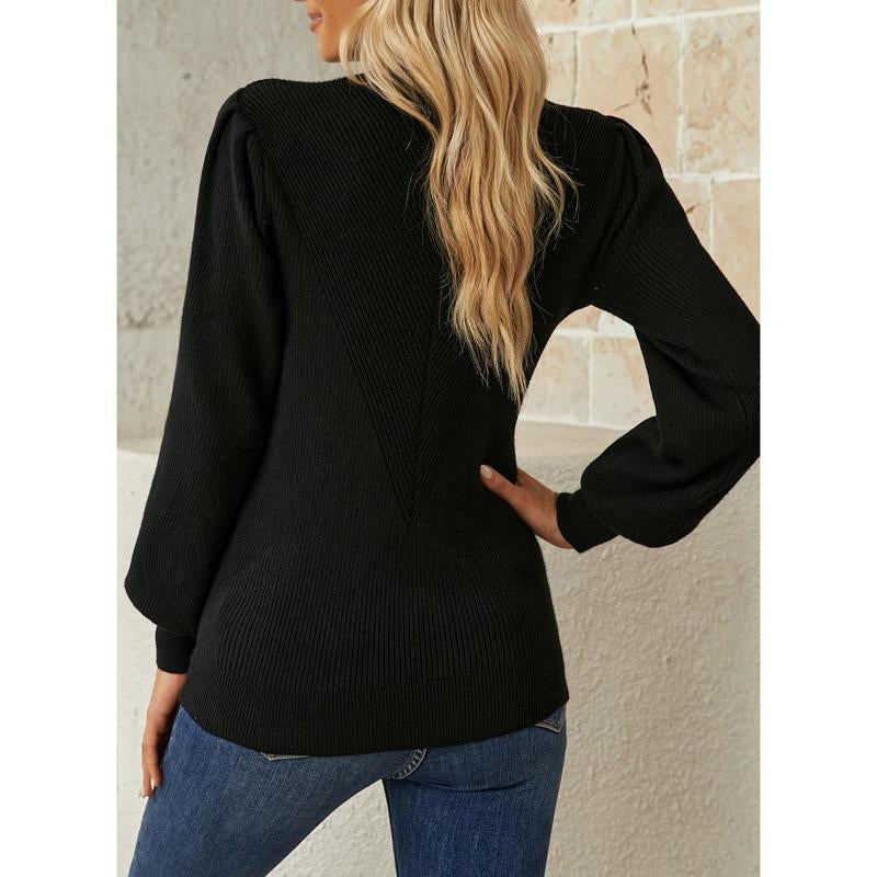 Dokotoo Women's Ribbed Knit Long Sleeve Lantern Sweater - Crewneck Casual Slim Fit Pullover Top