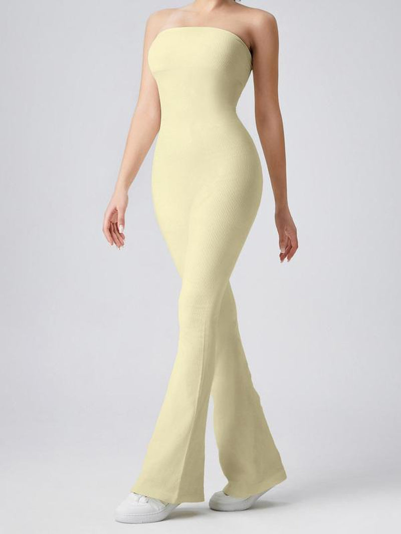 Women'S Sexy Yoga Ribbed One Piece Tube Jumpsuit Rompers Flared Trousers Tights Push-Up Sports Bodysuit Women Fitness Suit Workout Sportswear Gym