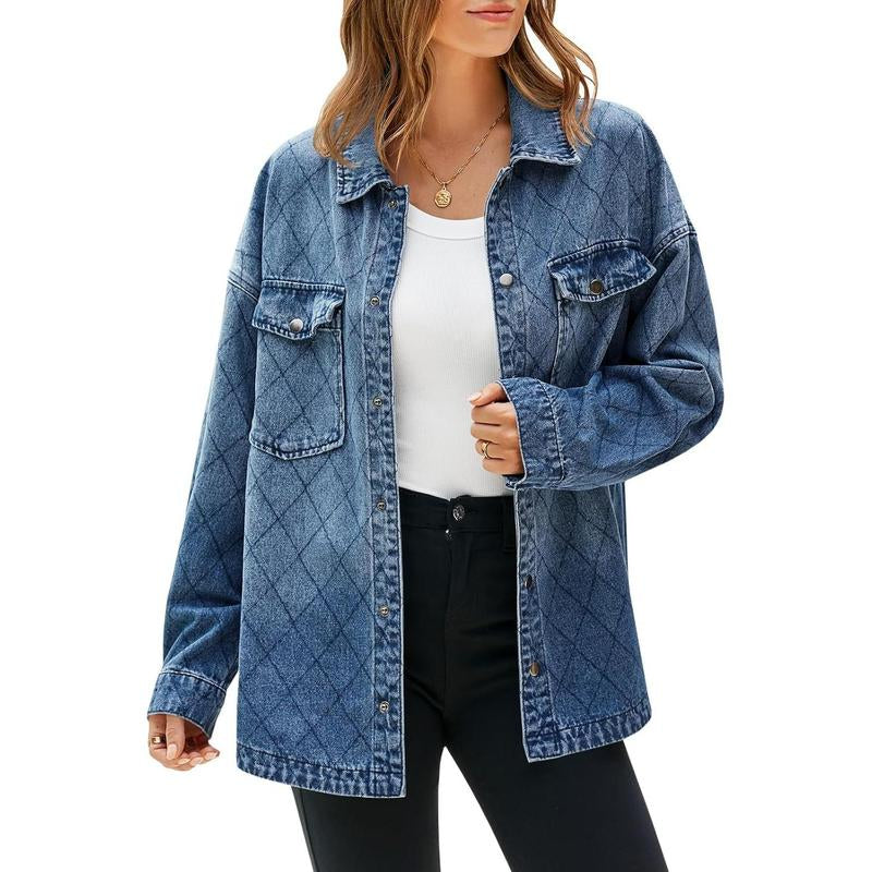 FMEYOA Women's Oversized Denim Jacket with Trendy Diamond Quilting and Button Down Design - Casual Lightweight Shacket
