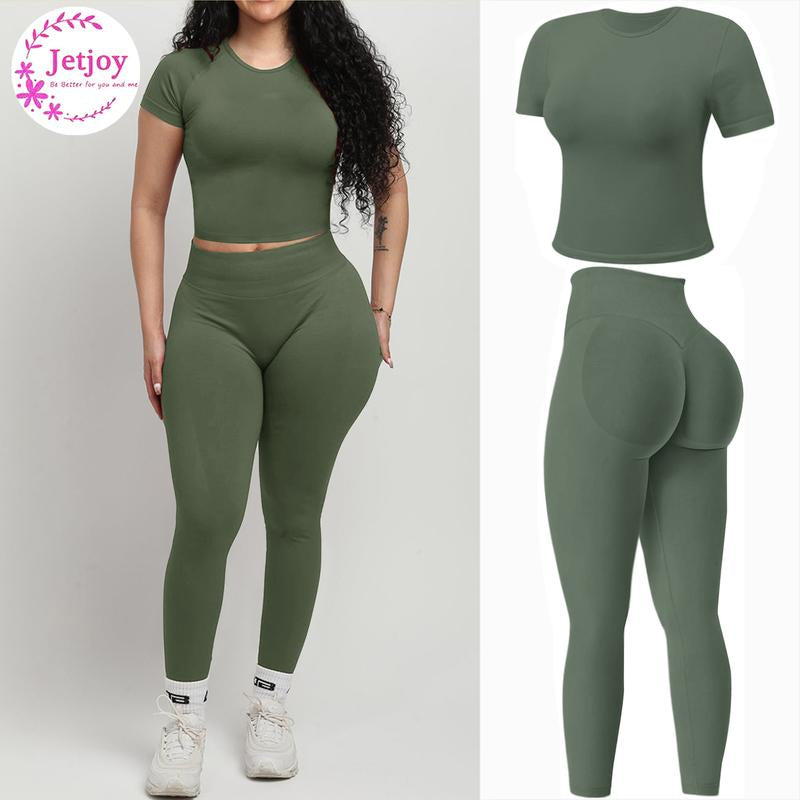 Jetjoy 2 Piece Workout Sets for Women, Long or Short Sleeve T Shirt Tank Top + Workout Shorts Butt Lifting Gym Seamless Booty Biker Shorts, Going Out Gym Sets Fitness Clothes Skinny Sportswear Compression Activewear Gymwear Fitness Clothes Mesh Athleisure