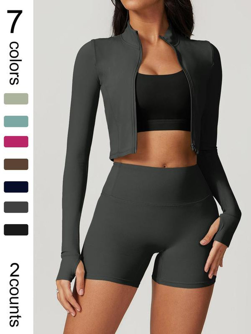 Women'S High Elastic Soft Standing Neck Zipper Waist Length Shaping Jacket High Waist Beautiful Buttocks Shorts Yoga Suit Set Outdoor Running Cycling, Mountaineering Strolling Set Gym Sports Training Fashion Coat Shorts