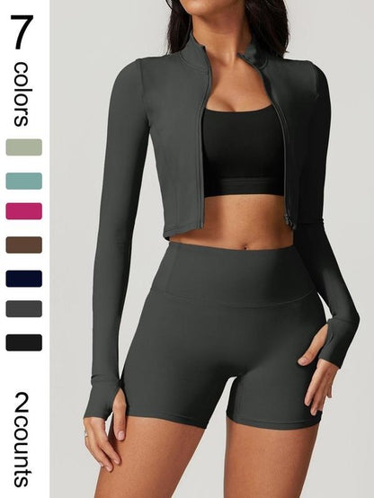 Women'S High Elastic Soft Standing Neck Zipper Waist Length Shaping Jacket High Waist Beautiful Buttocks Shorts Yoga Suit Set Outdoor Running Cycling, Mountaineering Strolling Set Gym Sports Training Fashion Coat Shorts