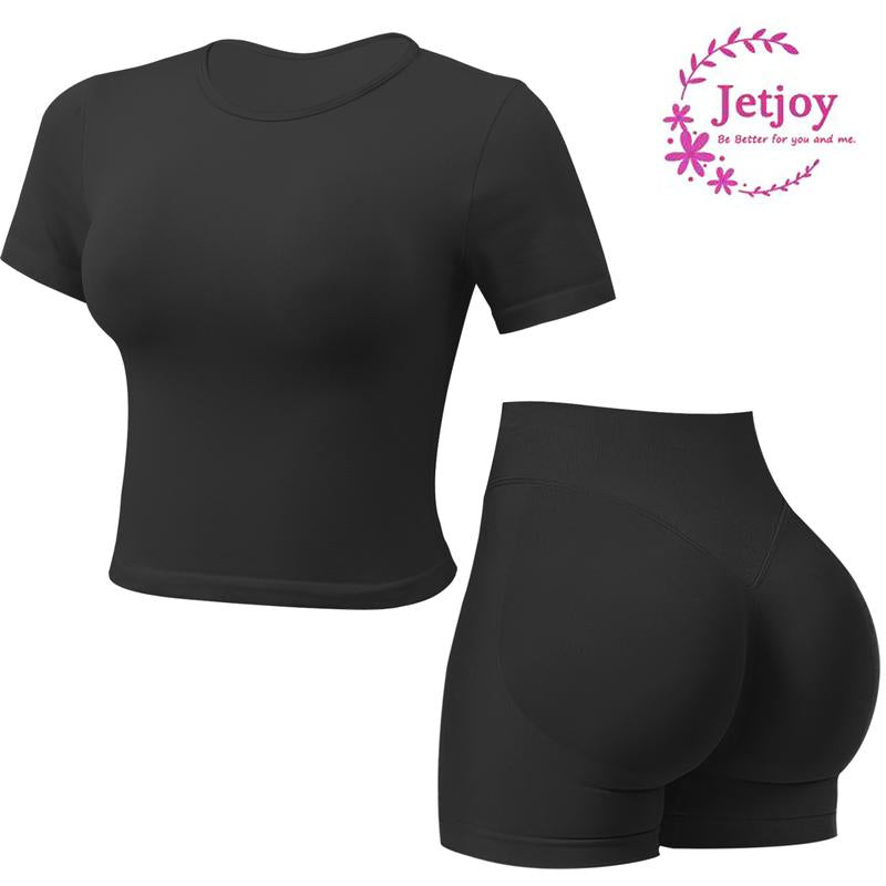 Jetjoy 2 Piece Workout Sets for Women, Long or Short Sleeve T Shirt Tank Top + Workout Shorts Butt Lifting Gym Seamless Booty Biker Shorts, Going Out Gym Sets Fitness Clothes Skinny Sportswear Compression Activewear Gymwear Fitness Clothes Mesh Athleisure
