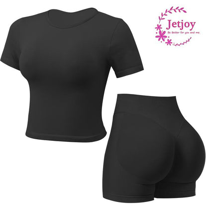 Jetjoy 2 Piece Workout Sets for Women, Long or Short Sleeve T Shirt Tank Top + Workout Shorts Butt Lifting Gym Seamless Booty Biker Shorts, Going Out Gym Sets Fitness Clothes Skinny Sportswear Compression Activewear Gymwear Fitness Clothes Mesh Athleisure