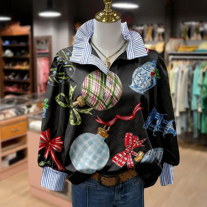 Cherrybetty Christmas Ornaments Print Striped Collar Top with Festive Ball and Ribbon Design for Holiday Wear Women'S Fashion Outdoorfun