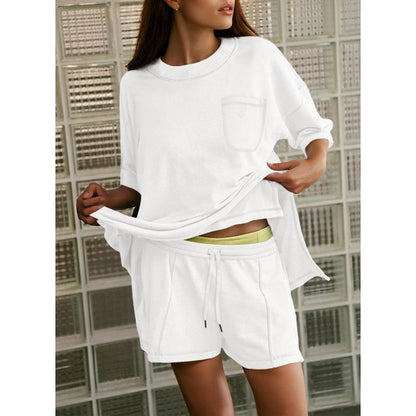 Dokotoo Women's 2-Piece Fashion Lounge Set: Summer Comfy Solid Crewneck Short Sleeve Top and High Waist Shorts with Pockets, Ideal Resort Wear Sweatsuit