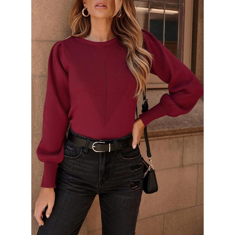 Dokotoo Women's Ribbed Knit Long Sleeve Lantern Sweater - Crewneck Casual Slim Fit Pullover Top