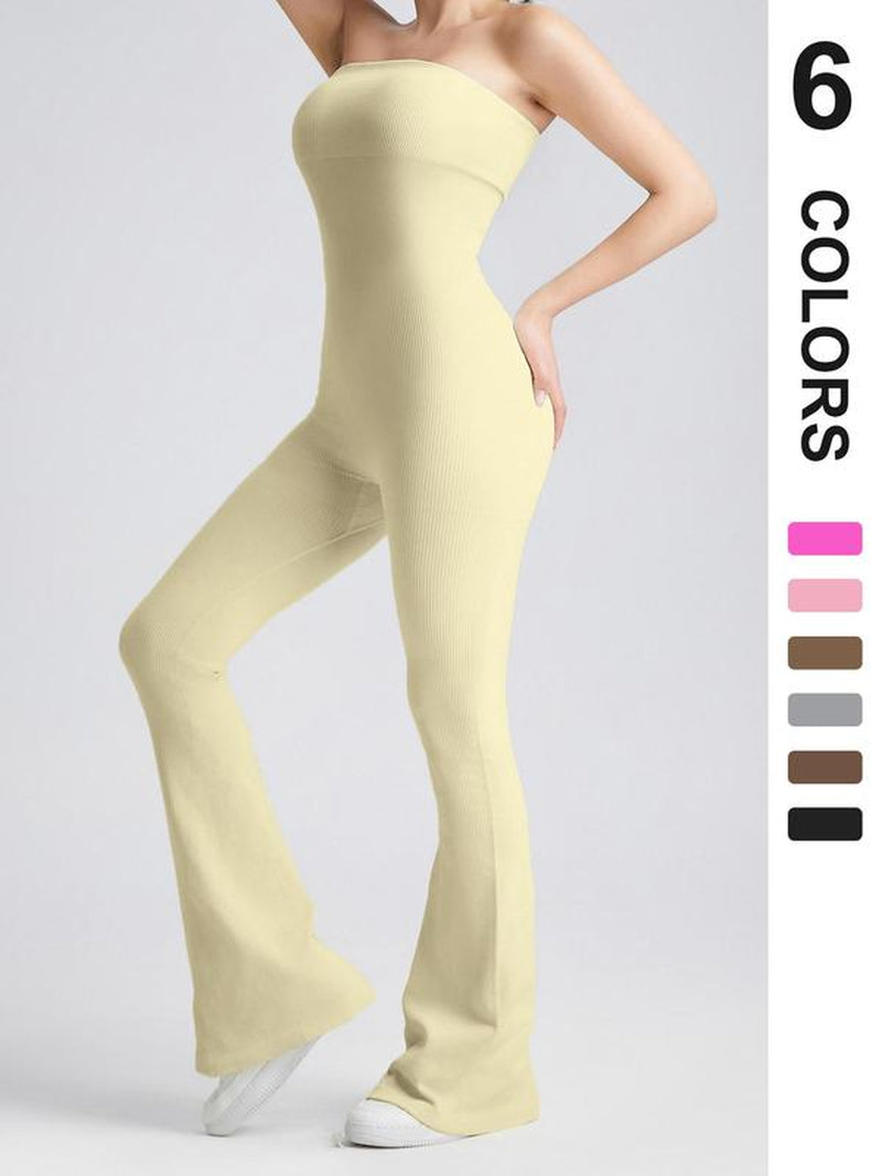 Women'S Sexy Yoga Ribbed One Piece Tube Jumpsuit Rompers Flared Trousers Tights Push-Up Sports Bodysuit Women Fitness Suit Workout Sportswear Gym