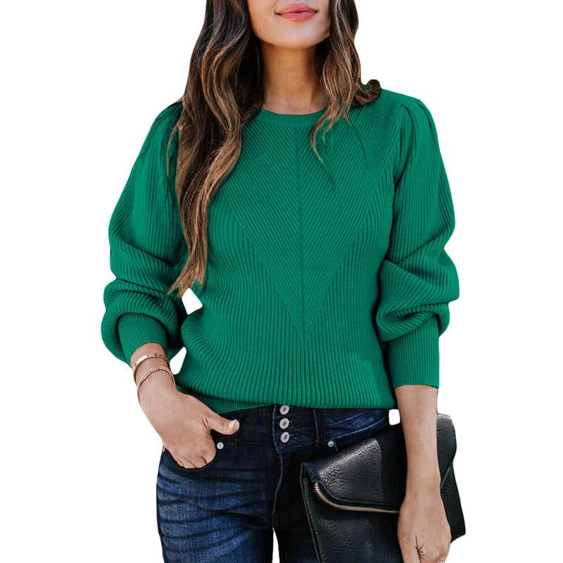 Dokotoo Women's Ribbed Knit Long Sleeve Lantern Sweater - Crewneck Casual Slim Fit Pullover Top