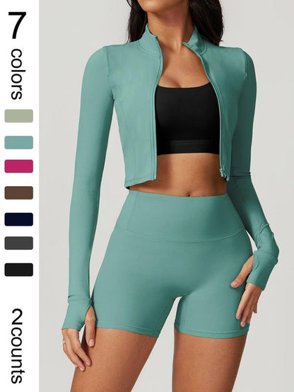 Women'S High Elastic Soft Standing Neck Zipper Waist Length Shaping Jacket High Waist Beautiful Buttocks Shorts Yoga Suit Set Outdoor Running Cycling, Mountaineering Strolling Set Gym Sports Training Fashion Coat Shorts
