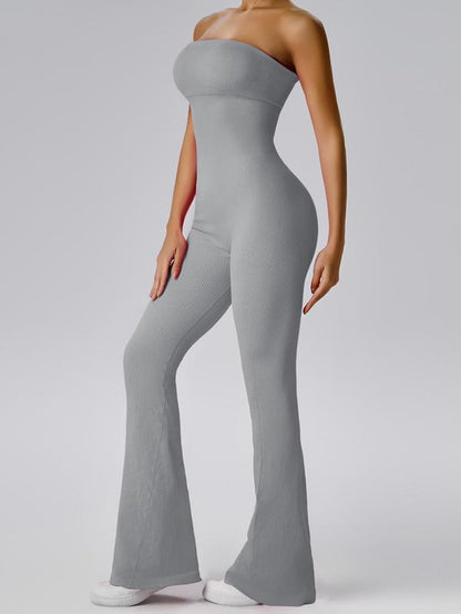 Women'S Sexy Yoga Ribbed One Piece Tube Jumpsuit Rompers Flared Trousers Tights Push-Up Sports Bodysuit Women Fitness Suit Workout Sportswear Gym