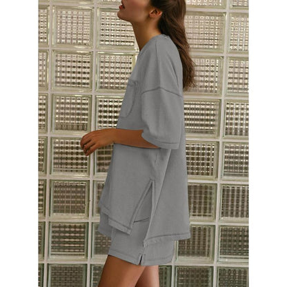 Dokotoo Women's 2-Piece Fashion Lounge Set: Summer Comfy Solid Crewneck Short Sleeve Top and High Waist Shorts with Pockets, Ideal Resort Wear Sweatsuit