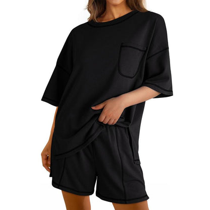 Dokotoo Women's 2-Piece Fashion Lounge Set: Summer Comfy Solid Crewneck Short Sleeve Top and High Waist Shorts with Pockets, Ideal Resort Wear Sweatsuit