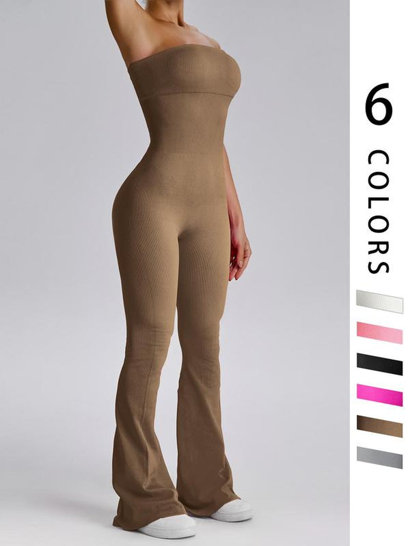 Women'S Sexy Yoga Ribbed One Piece Tube Jumpsuit Rompers Flared Trousers Tights Push-Up Sports Bodysuit Women Fitness Suit Workout Sportswear Gym