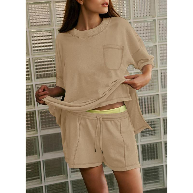 Dokotoo Women's 2-Piece Fashion Lounge Set: Summer Comfy Solid Crewneck Short Sleeve Top and High Waist Shorts with Pockets, Ideal Resort Wear Sweatsuit
