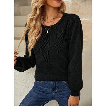 Dokotoo Women's Ribbed Knit Long Sleeve Lantern Sweater - Crewneck Casual Slim Fit Pullover Top