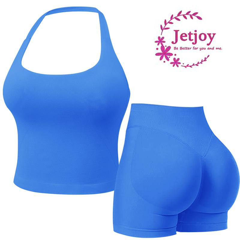 Jetjoy 2 Piece Workout Sets for Women, Long or Short Sleeve T Shirt Tank Top + Workout Shorts Butt Lifting Gym Seamless Booty Biker Shorts, Going Out Gym Sets Fitness Clothes Skinny Sportswear Compression Activewear Gymwear Fitness Clothes Mesh Athleisure