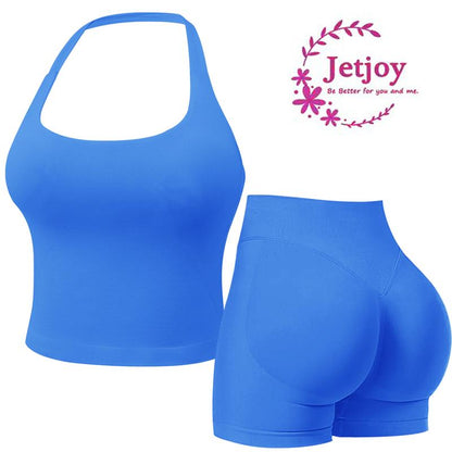 Jetjoy 2 Piece Workout Sets for Women, Long or Short Sleeve T Shirt Tank Top + Workout Shorts Butt Lifting Gym Seamless Booty Biker Shorts, Going Out Gym Sets Fitness Clothes Skinny Sportswear Compression Activewear Gymwear Fitness Clothes Mesh Athleisure