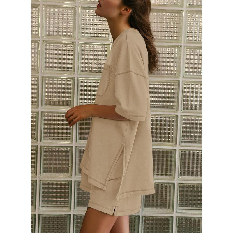 Dokotoo Women's 2-Piece Fashion Lounge Set: Summer Comfy Solid Crewneck Short Sleeve Top and High Waist Shorts with Pockets, Ideal Resort Wear Sweatsuit