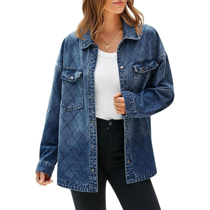 FMEYOA Women's Oversized Denim Jacket with Trendy Diamond Quilting and Button Down Design - Casual Lightweight Shacket