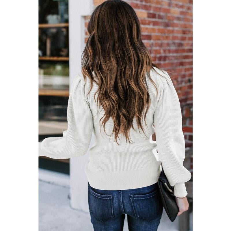 Dokotoo Women's Ribbed Knit Long Sleeve Lantern Sweater - Crewneck Casual Slim Fit Pullover Top