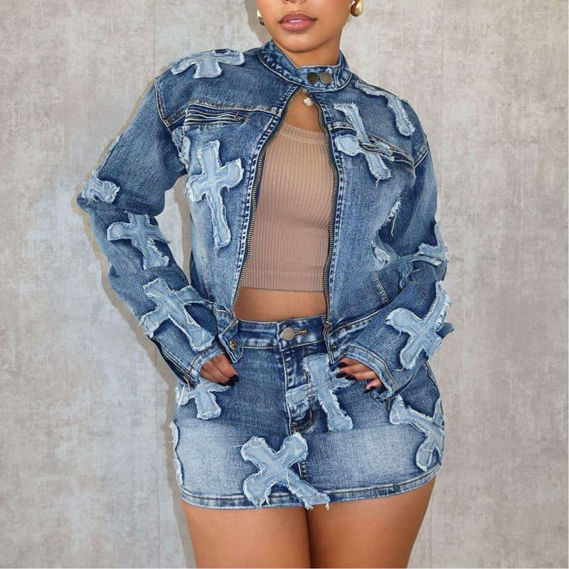 2025 Women'S Fashion Denim Two-Piece Set with Embroidered Jacket and Mini Skirt - Casual Streetwear Outfit Retro Denim 2Piece Set Women S Prettylittlething Twopieceset Clothing Comfort Leisure Set