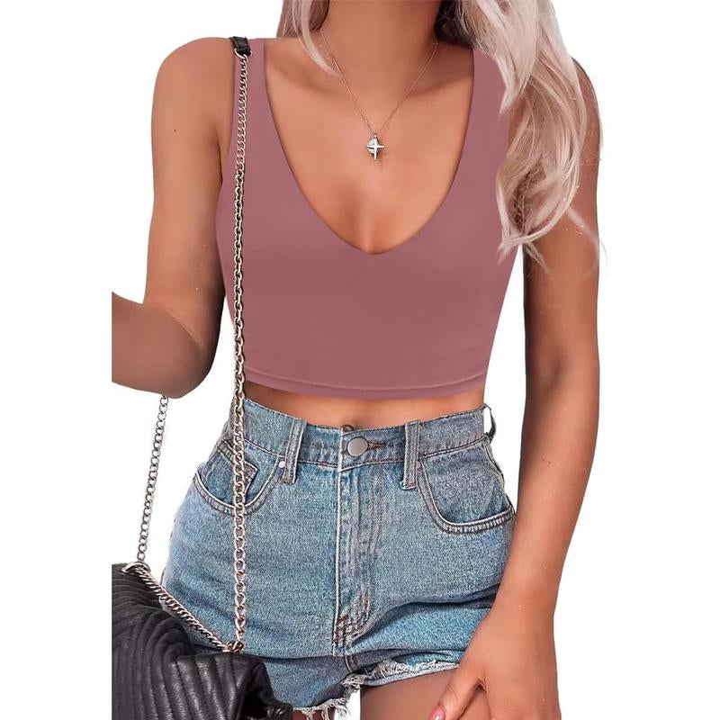 SAUNGKUAI Women's Summer Slim-Fit Deep V-Neck Backless Crop Tank Top