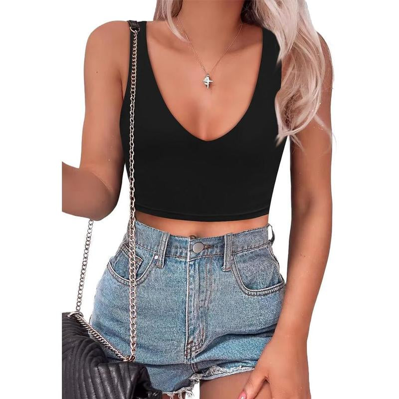 SAUNGKUAI Women's Summer Slim-Fit Deep V-Neck Backless Crop Tank Top