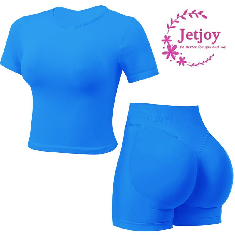 Jetjoy 2 Piece Workout Sets for Women, Long or Short Sleeve T Shirt Tank Top + Workout Shorts Butt Lifting Gym Seamless Booty Biker Shorts, Going Out Gym Sets Fitness Clothes Skinny Sportswear Compression Activewear Gymwear Fitness Clothes Mesh Athleisure