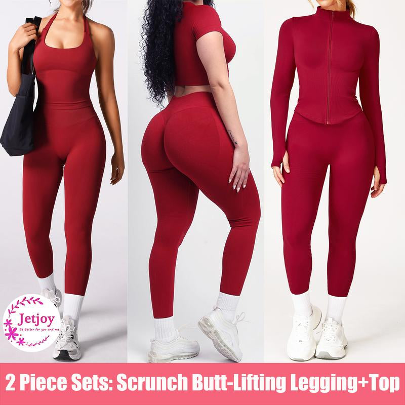 Jetjoy 2 Piece Workout Sets for Women, Long or Short Sleeve T Shirt Tank Top + Workout Shorts Butt Lifting Gym Seamless Booty Biker Shorts, Going Out Gym Sets Fitness Clothes Skinny Sportswear Compression Activewear Gymwear Fitness Clothes Mesh Athleisure