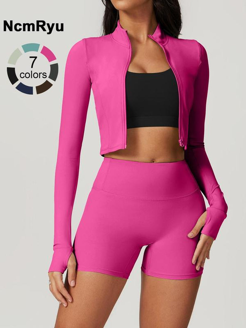 Women'S High Elastic Soft Standing Neck Zipper Waist Length Shaping Jacket High Waist Beautiful Buttocks Shorts Yoga Suit Set Outdoor Running Cycling, Mountaineering Strolling Set Gym Sports Training Fashion Coat Shorts