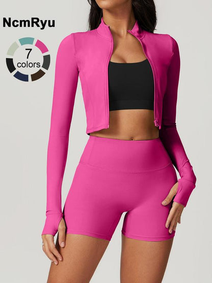 Women'S High Elastic Soft Standing Neck Zipper Waist Length Shaping Jacket High Waist Beautiful Buttocks Shorts Yoga Suit Set Outdoor Running Cycling, Mountaineering Strolling Set Gym Sports Training Fashion Coat Shorts