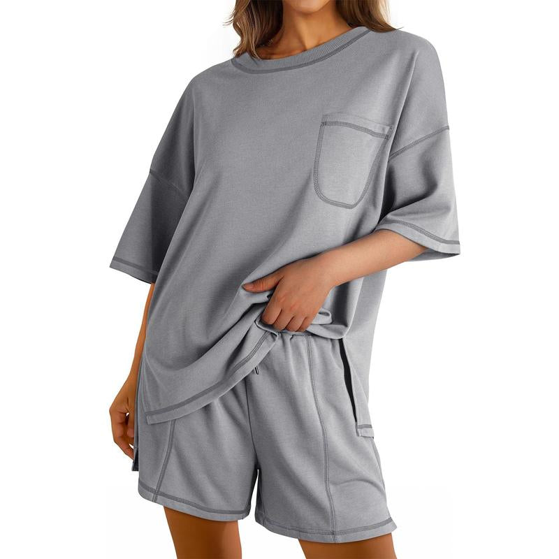 Dokotoo Women's 2-Piece Fashion Lounge Set: Summer Comfy Solid Crewneck Short Sleeve Top and High Waist Shorts with Pockets, Ideal Resort Wear Sweatsuit